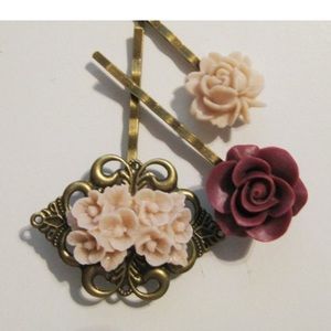 Taupe Peach  Burgundy Maroon Floral Bobby Pin Set B-75